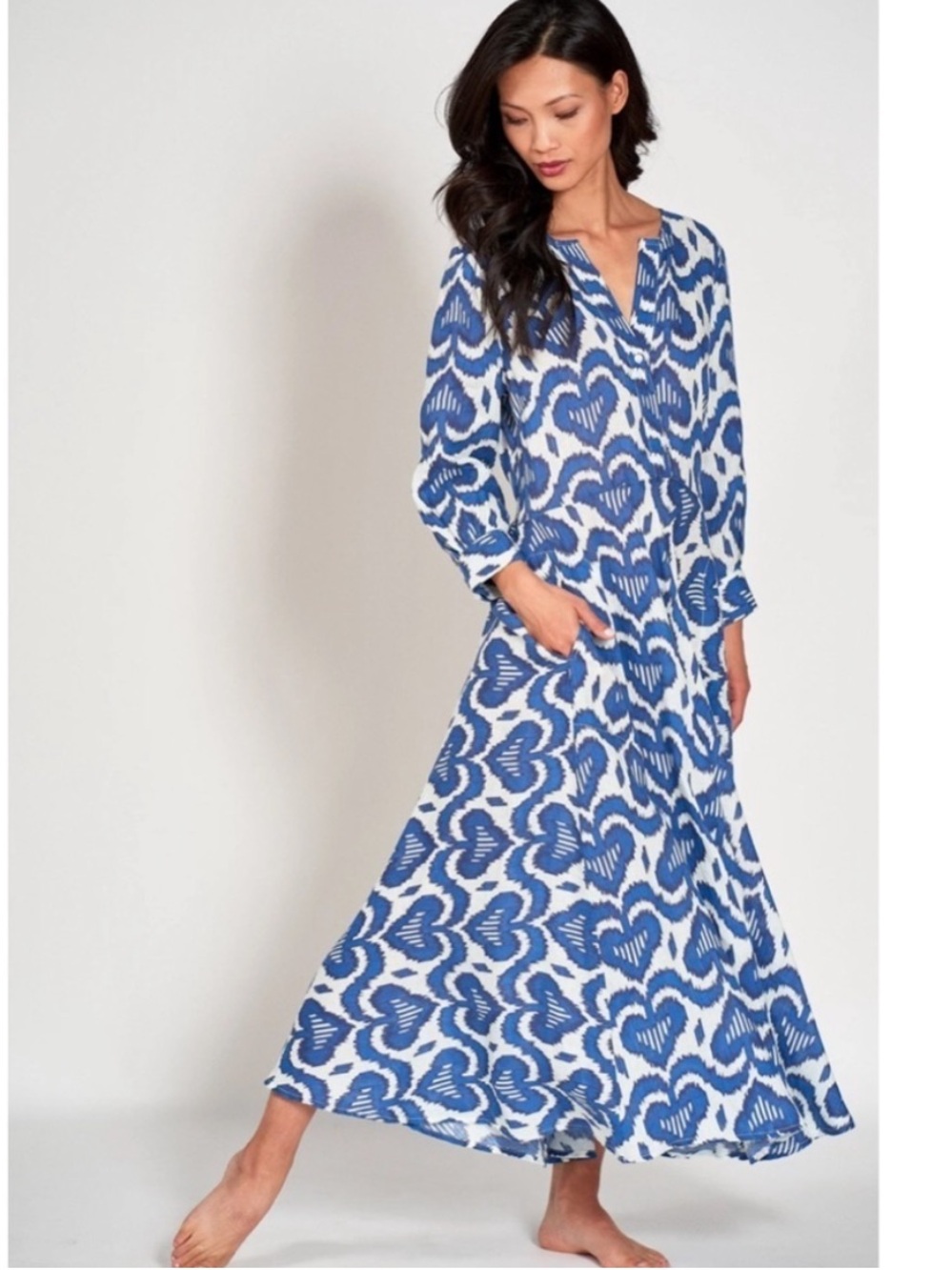 Nimo With Love Tuckernuck 100% Linen Azurite Midi Dress Hearts Blue White M